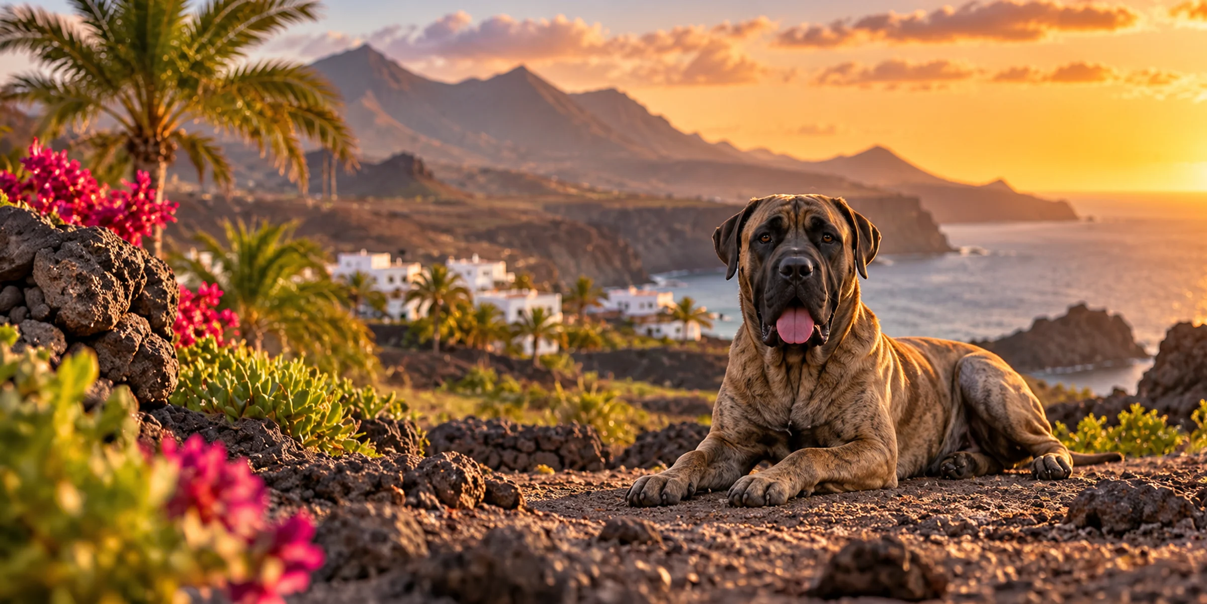 A brindle Presa Canario lying on a headland above a Canary Islands coast at sunset