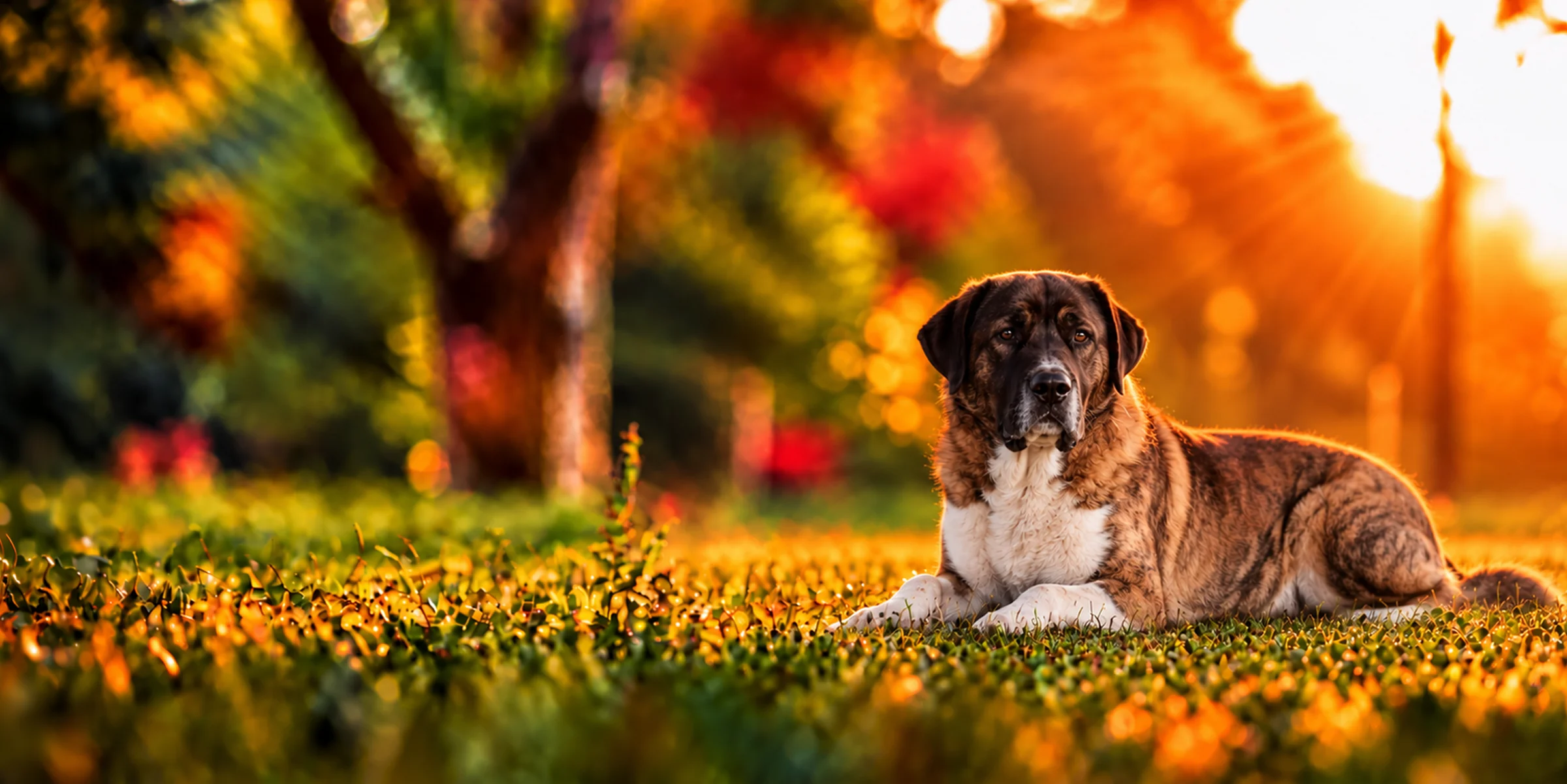 A brindle and white Rafeiro do Alentejo lying in park grass, backlit by a low sun