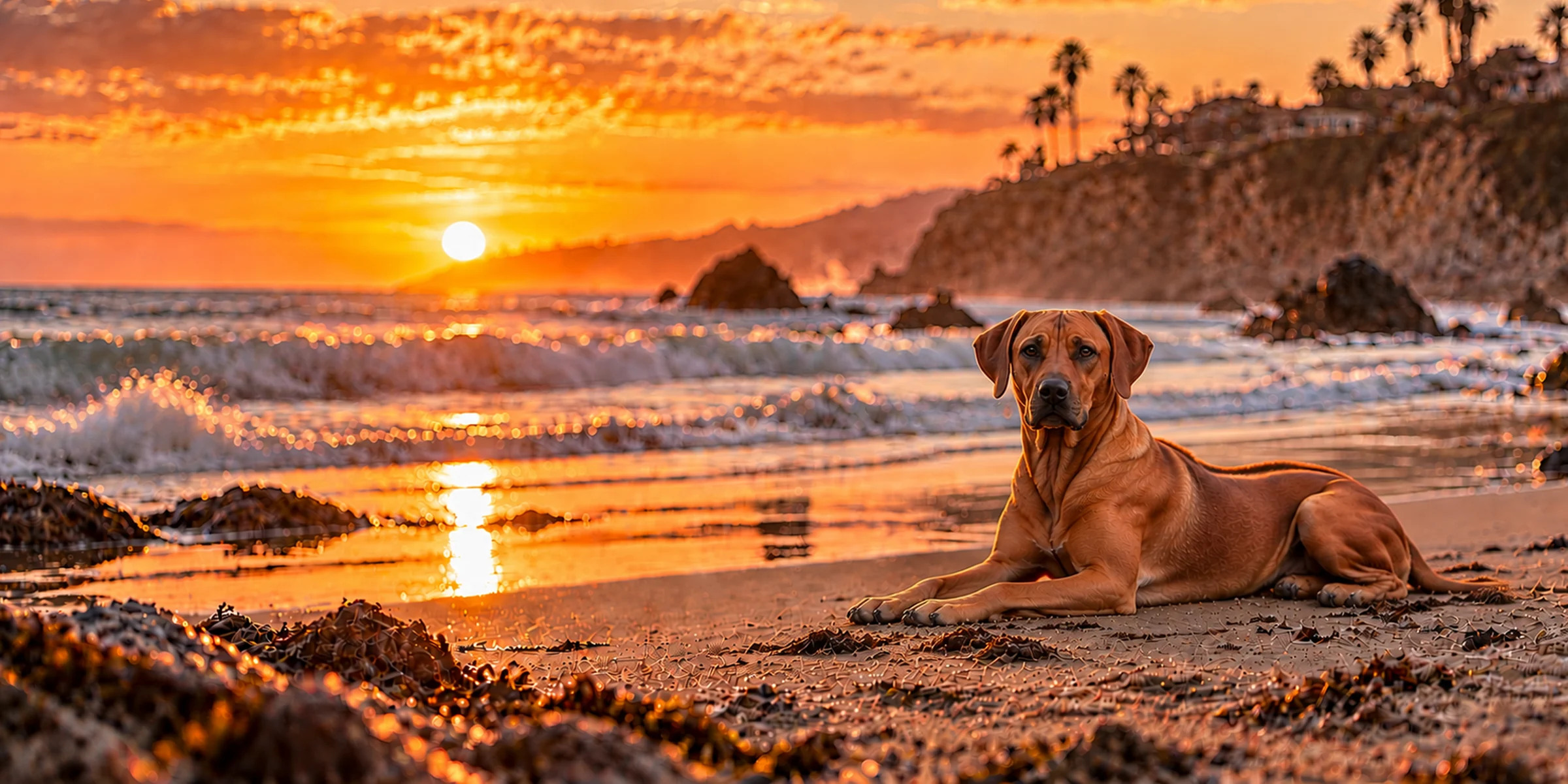 A wheaten Rhodesian Ridgeback lying on a beach at sunset