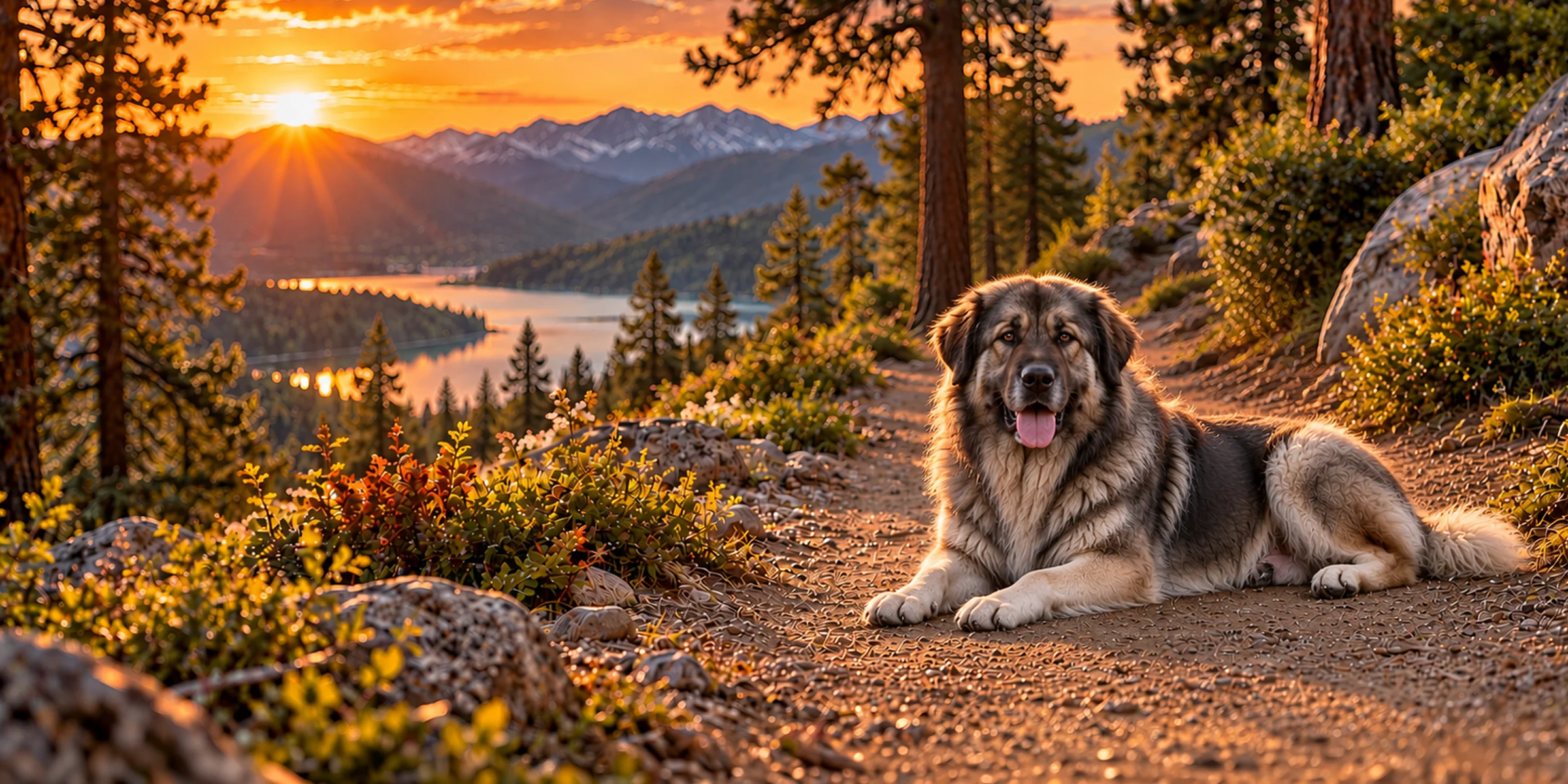 A wolf-gray Romanian Carpathian Shepherd lying on a forest trail above a lake at sunset