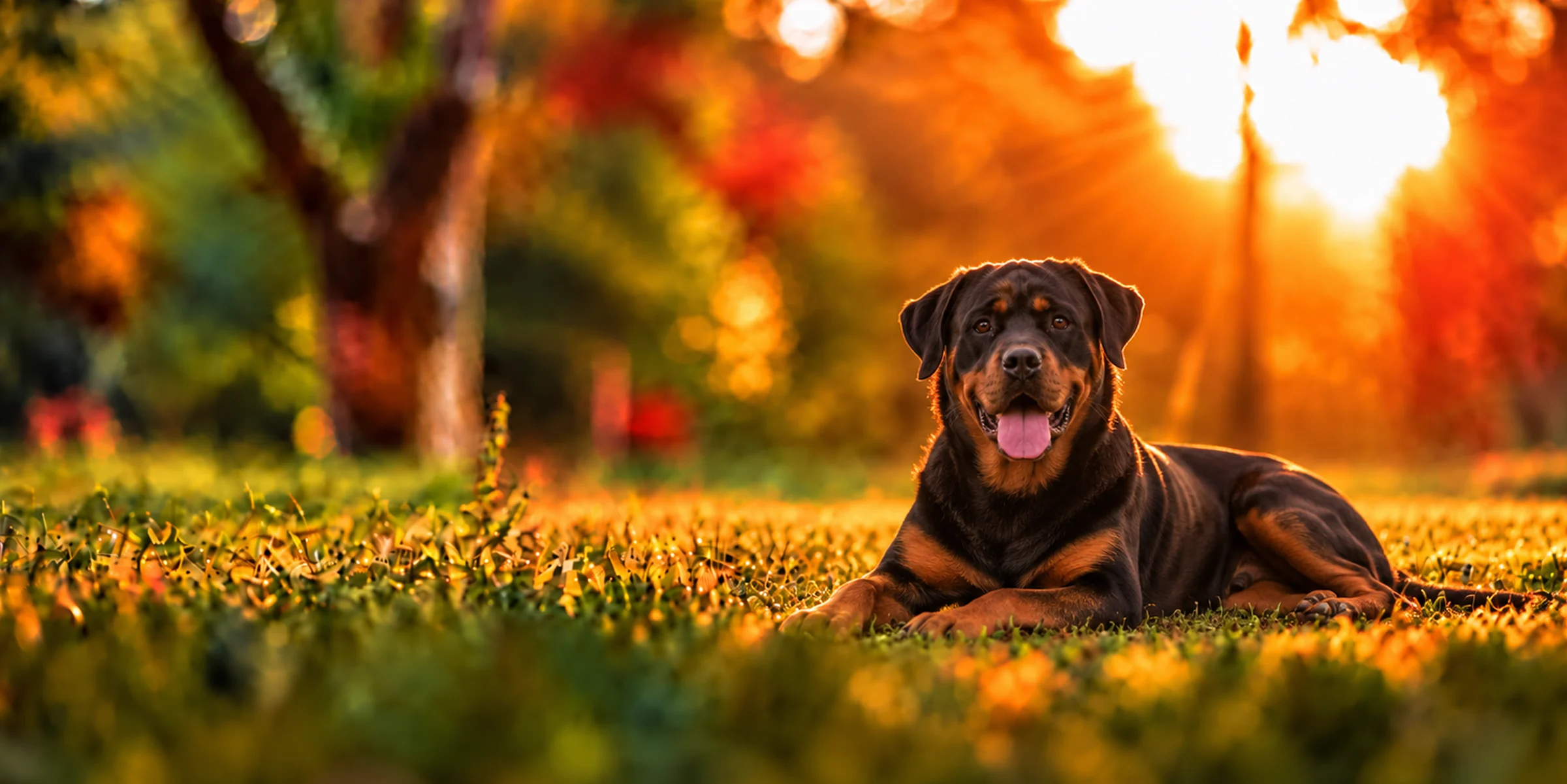 A black and tan Rottweiler lying in park grass, backlit by a low sun