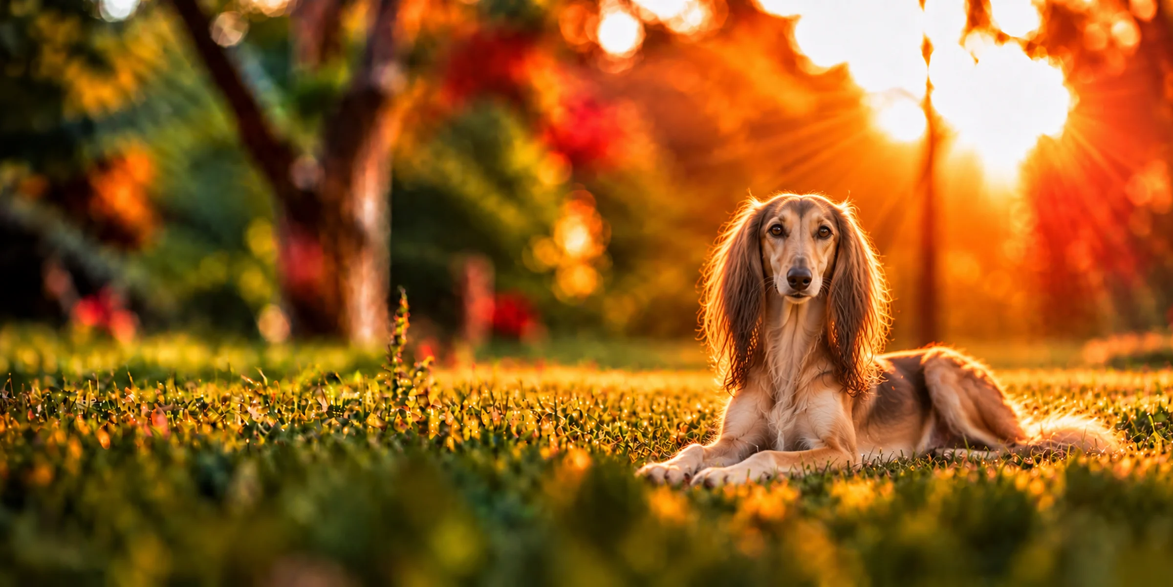 A cream Saluki with feathered ears lying in park grass, backlit by a low sun