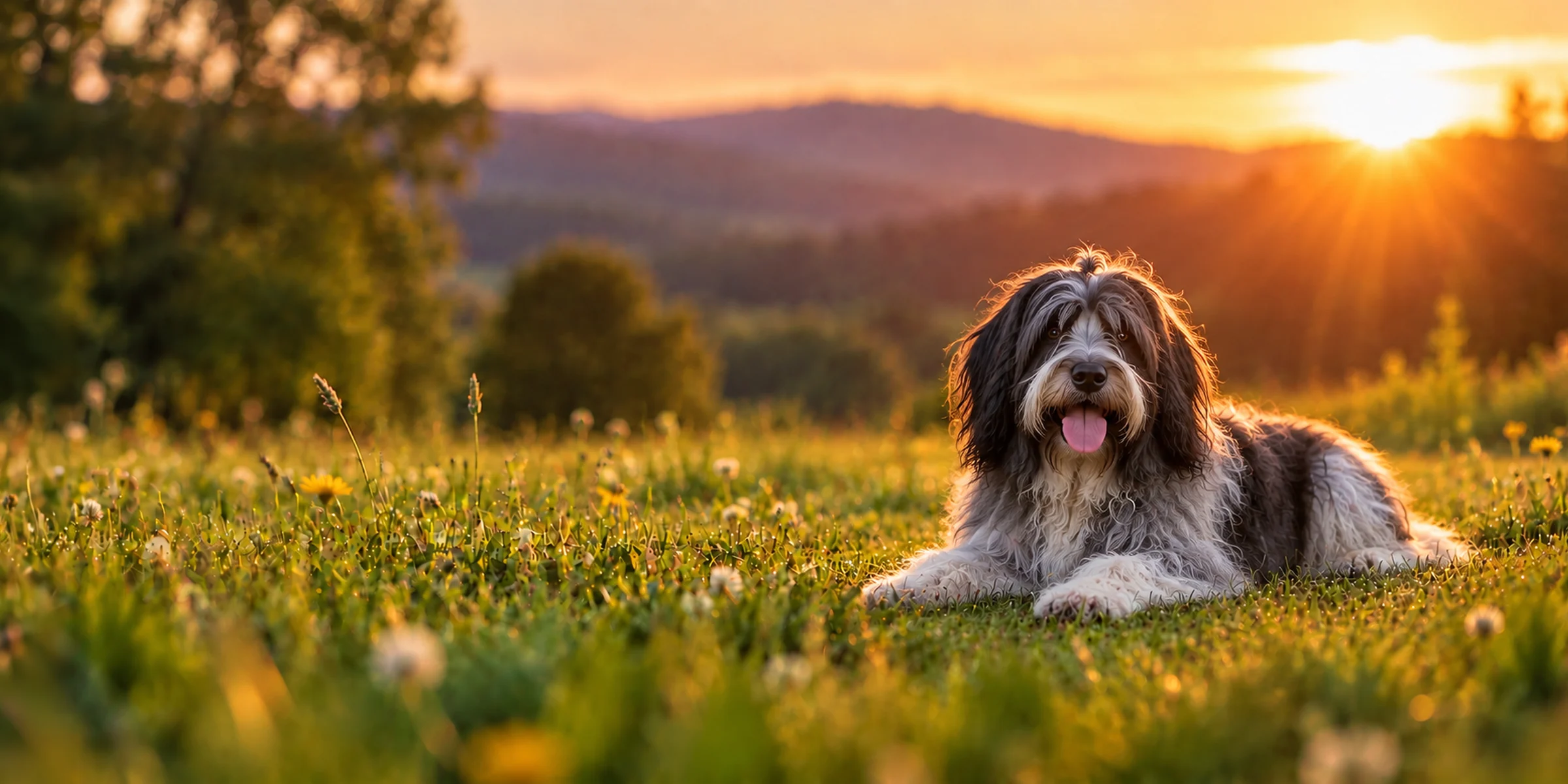 A gray and white Schapendoes with a shaggy coat lying in a wildflower meadow at sunset