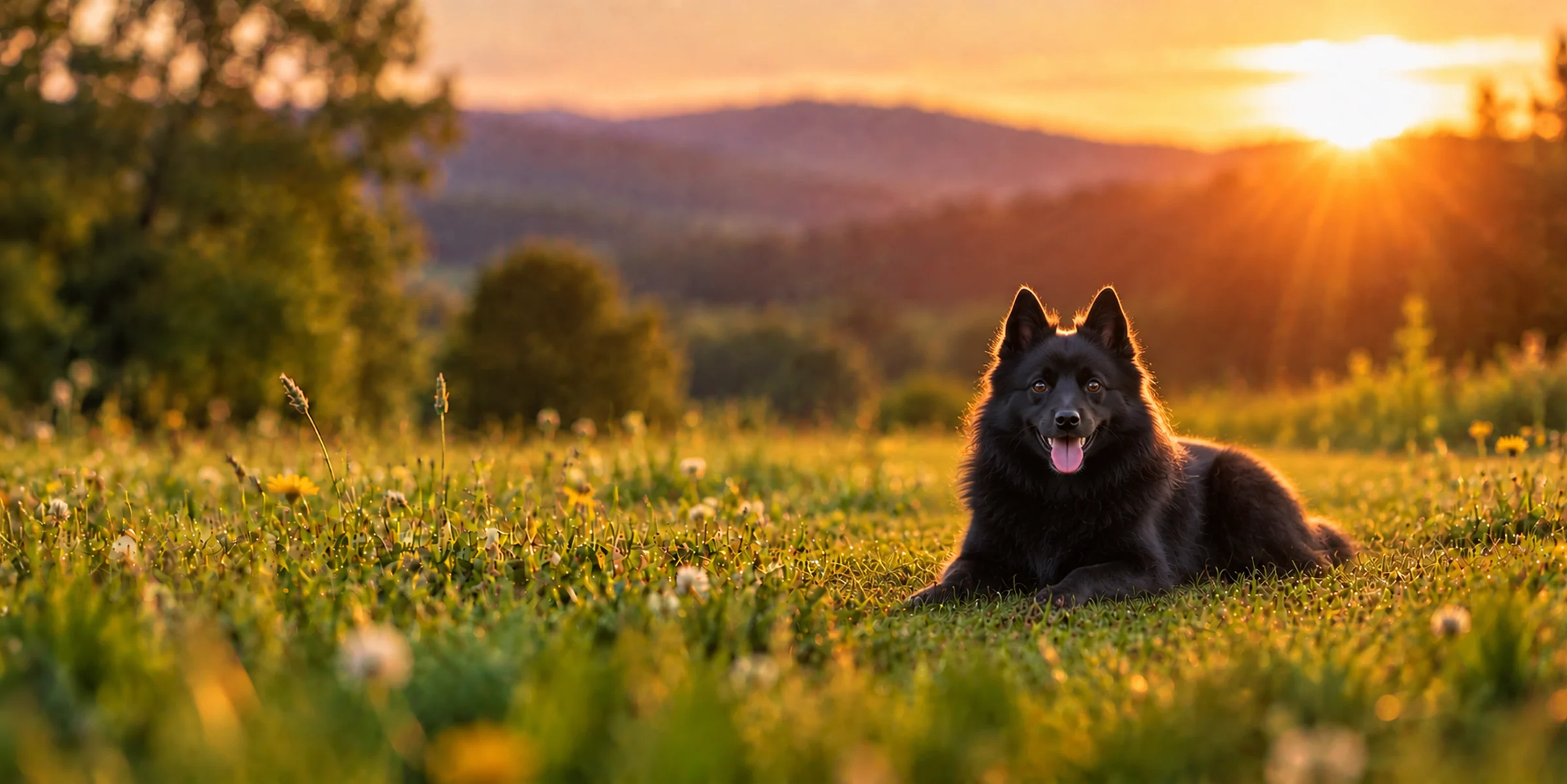 A black Schipperke lying in a wildflower meadow at sunset