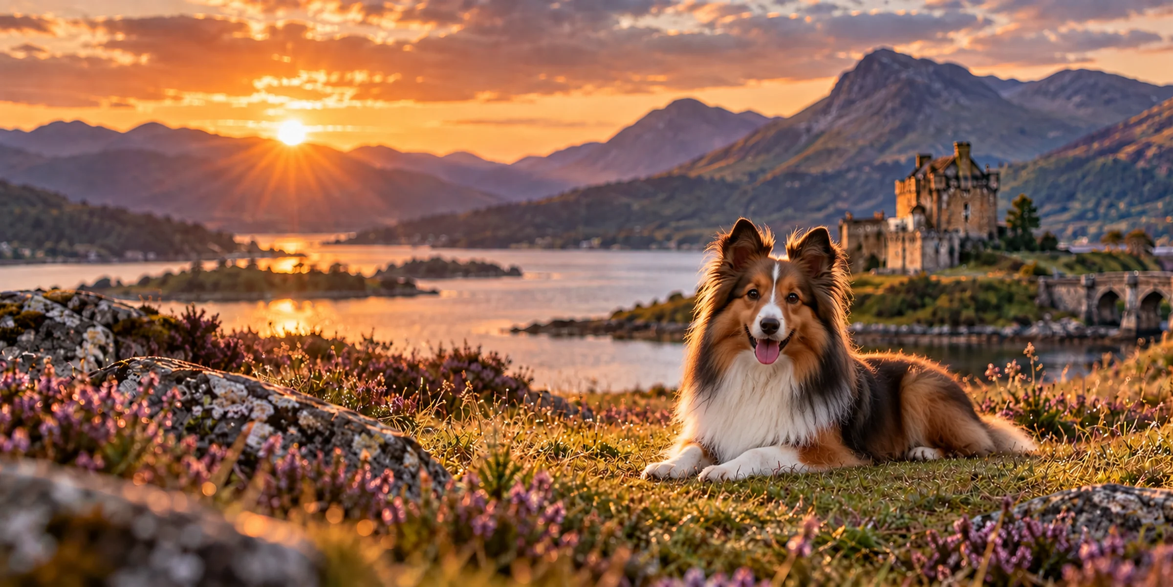 A sable and white Shetland Sheepdog lying in heather above a Scottish loch and castle
