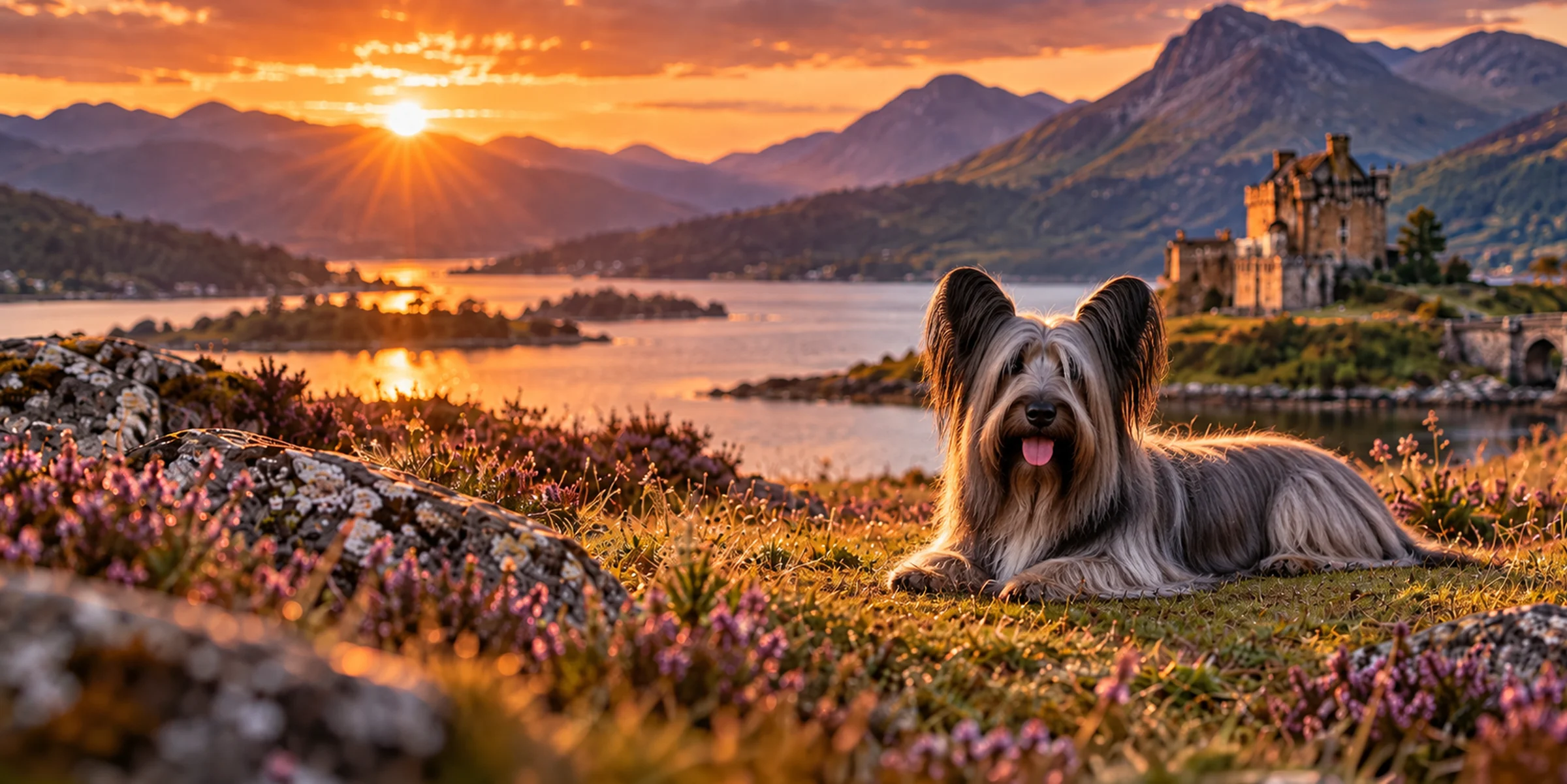 A gray Skye Terrier with a long coat lying in heather above a Scottish loch and castle