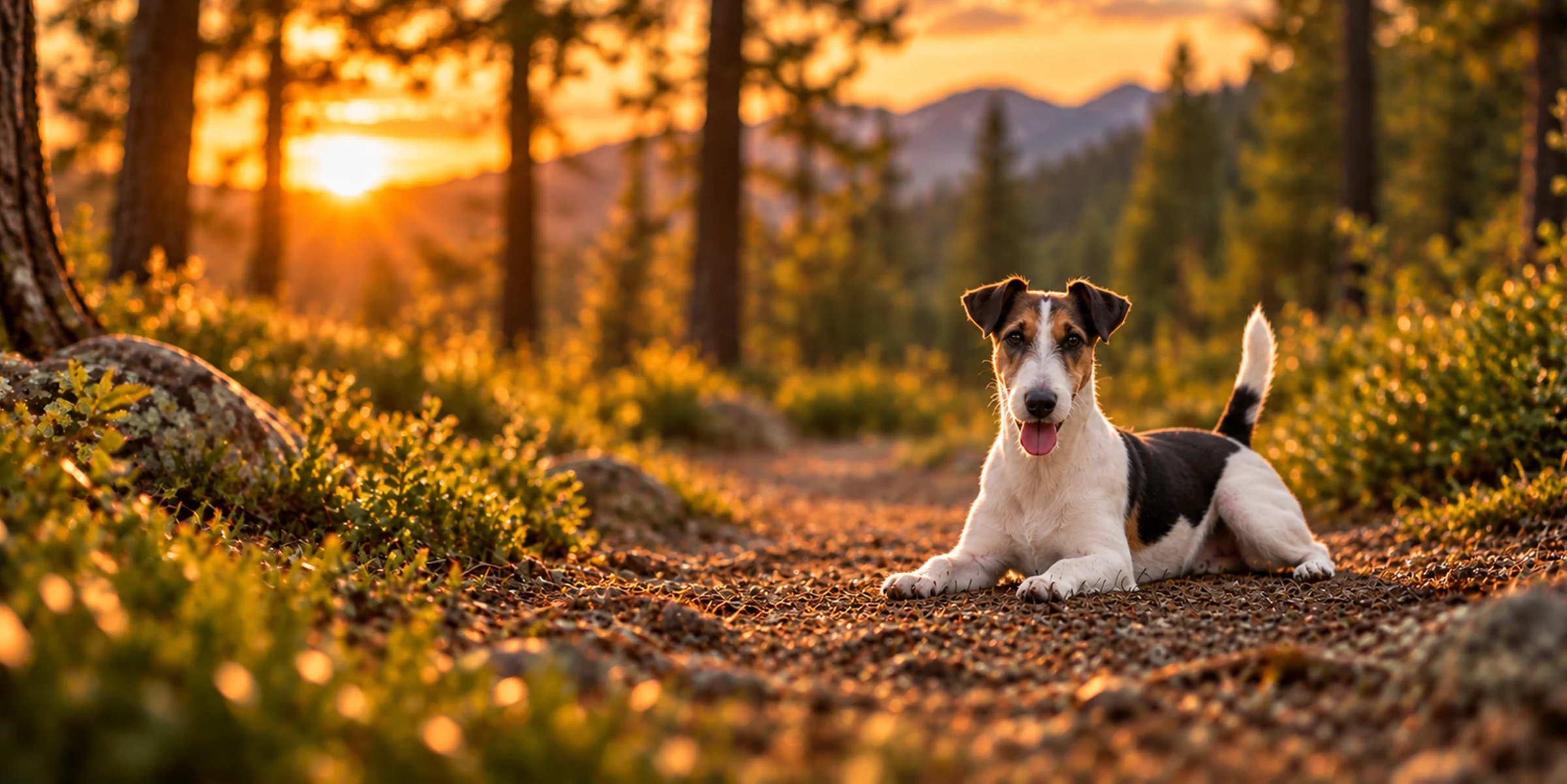 A white Smooth Fox Terrier with black and tan markings lying on a forest trail at sunset