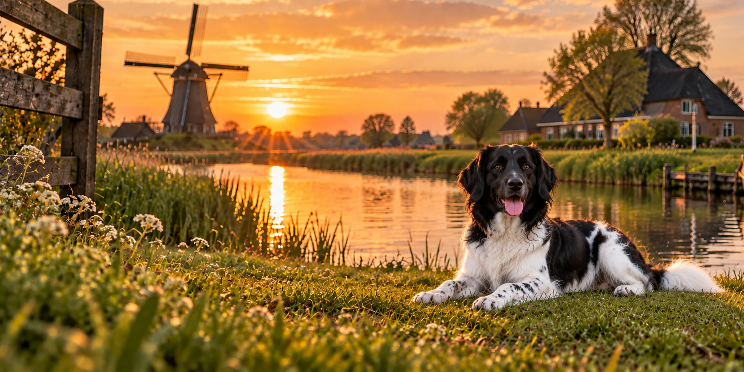 A black and white Stabyhoun lying on a canal bank beside a Dutch windmill at sunset