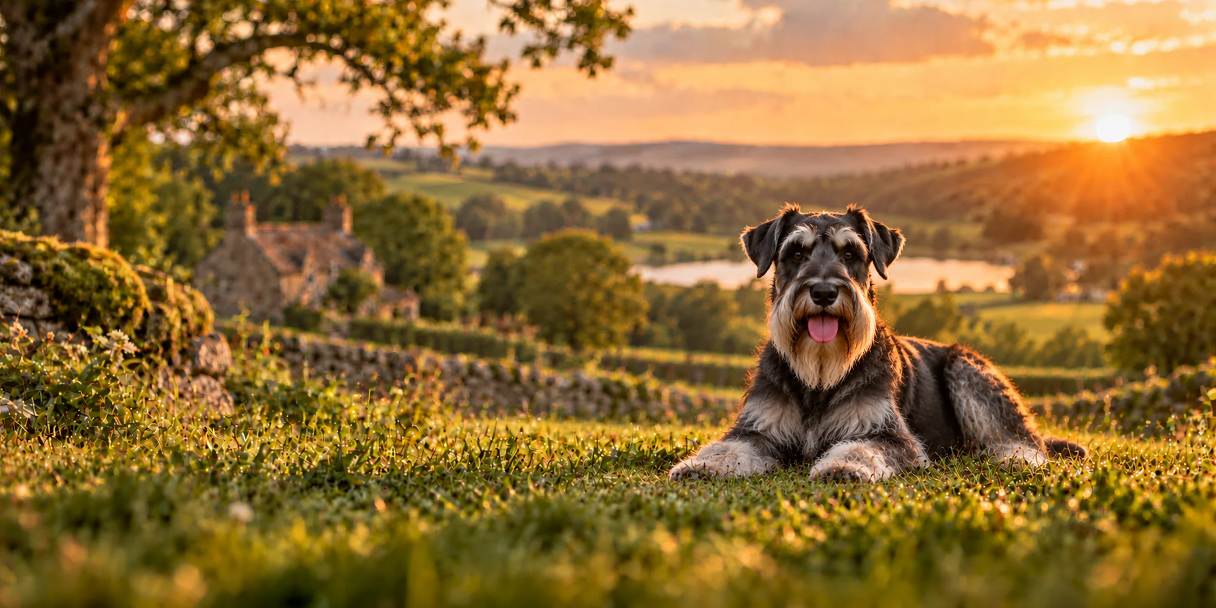 A salt and pepper Standard Schnauzer lying on a hillside above English farmland at sunset