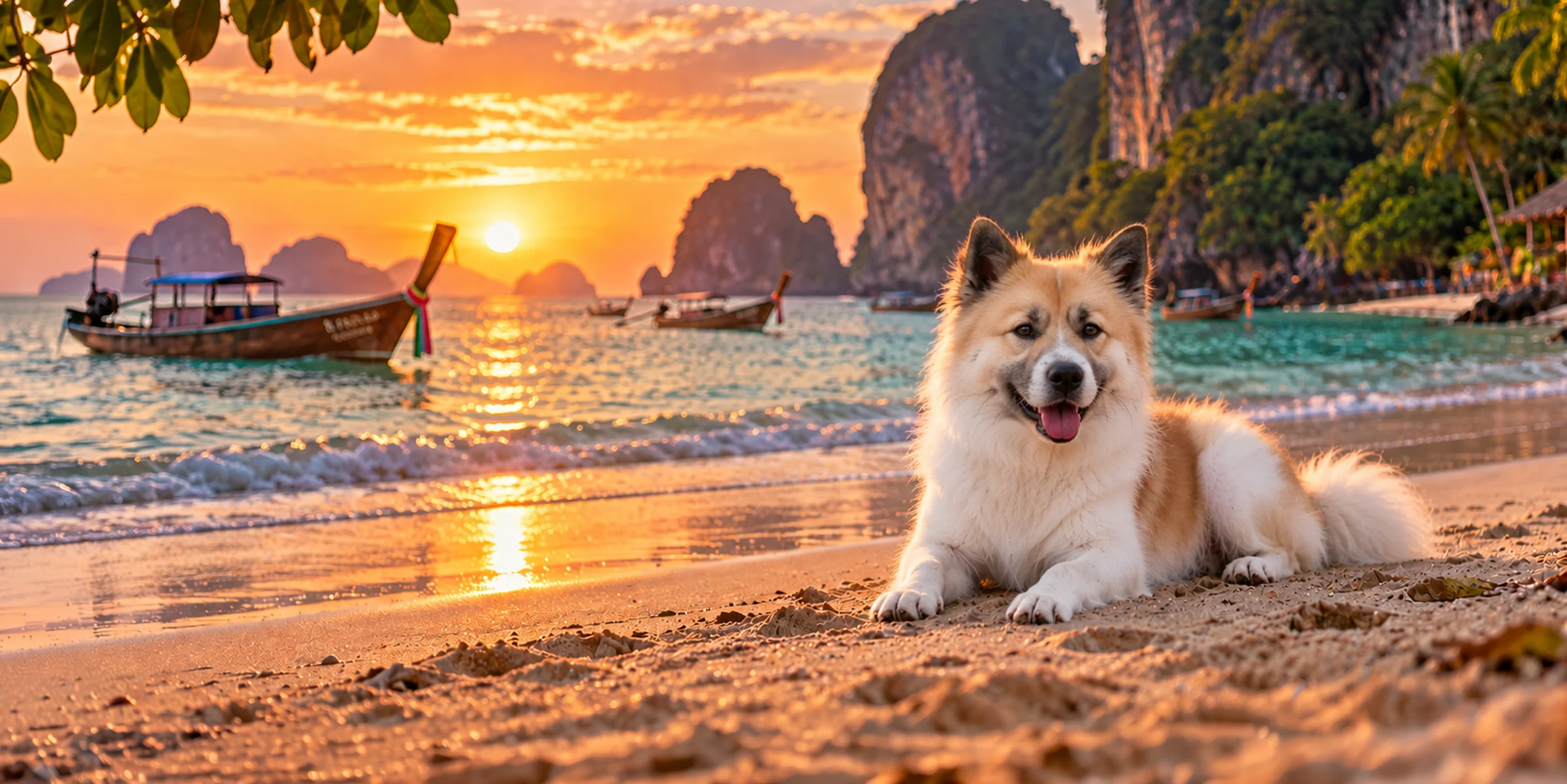 A white and red Thai Bangkaew with a thick coat lying on a Thai beach at sunset