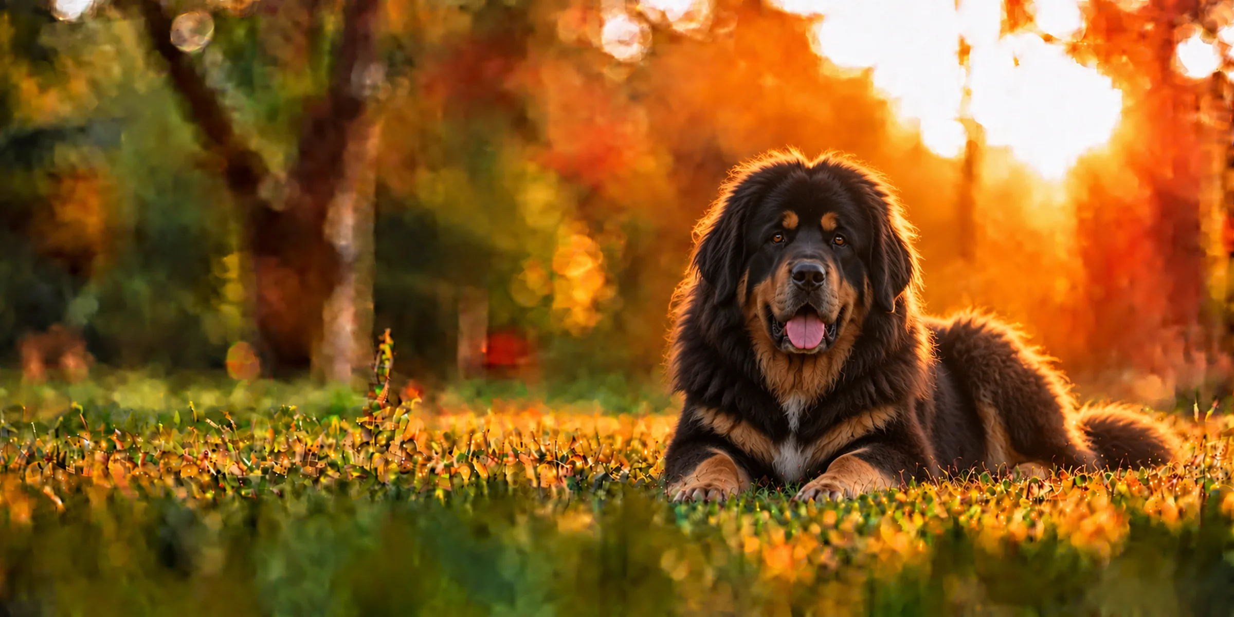 A black and tan Tibetan Mastiff with a heavy mane lying in park grass at sunset