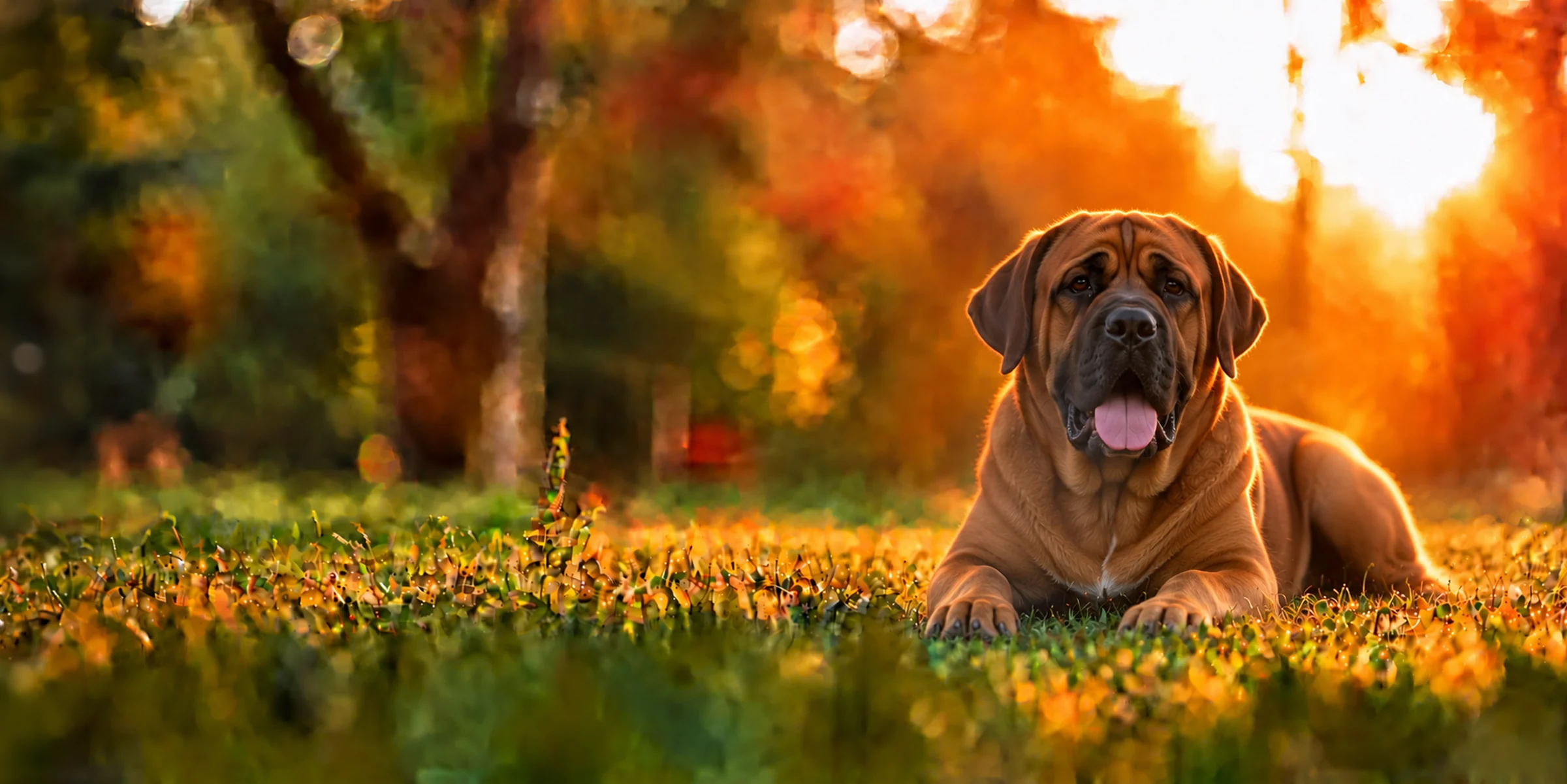 A red Tosa lying in park grass, backlit by a low sun