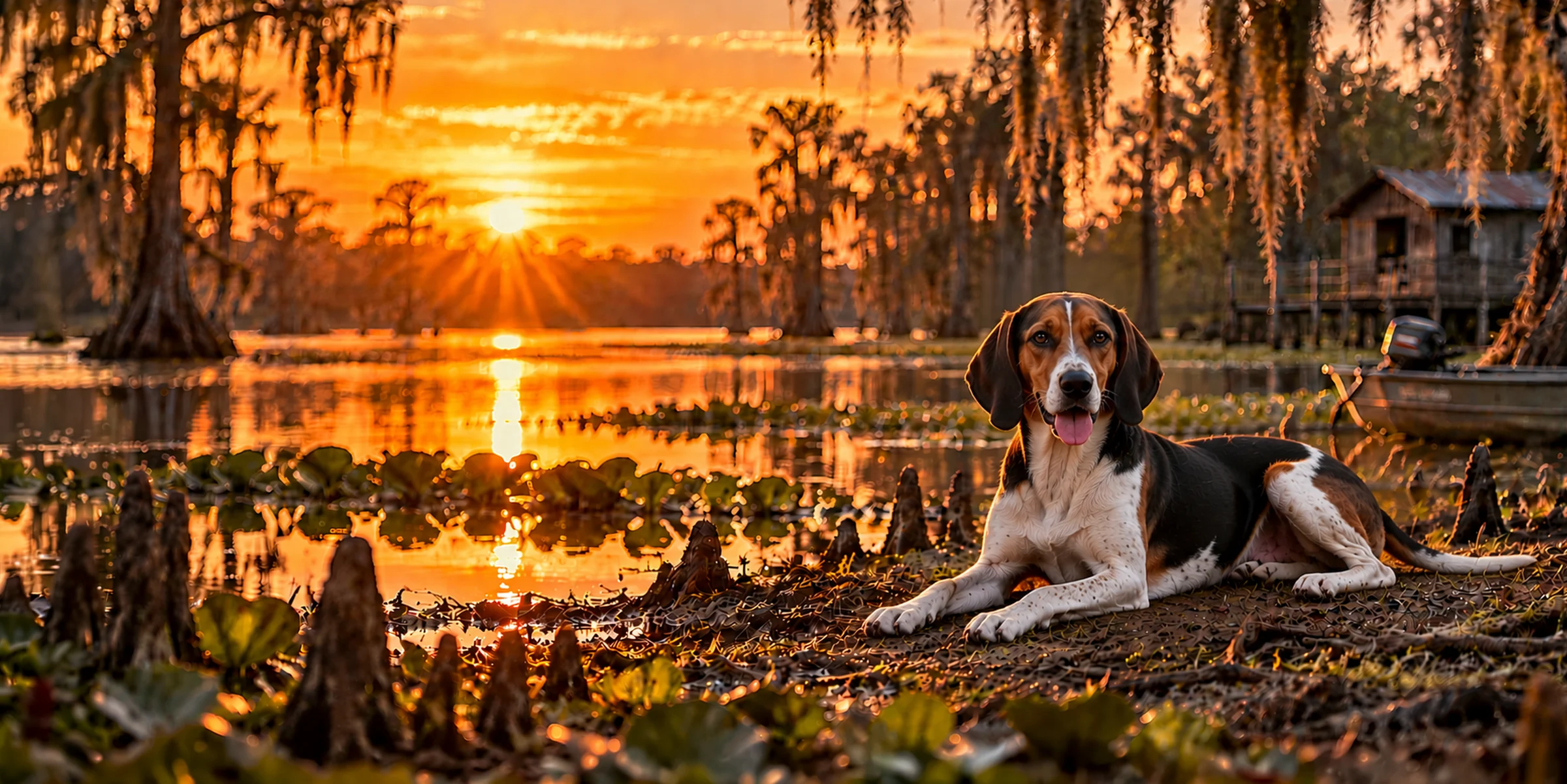 A tricolor Treeing Walker Coonhound lying in a Louisiana bayou at sunset