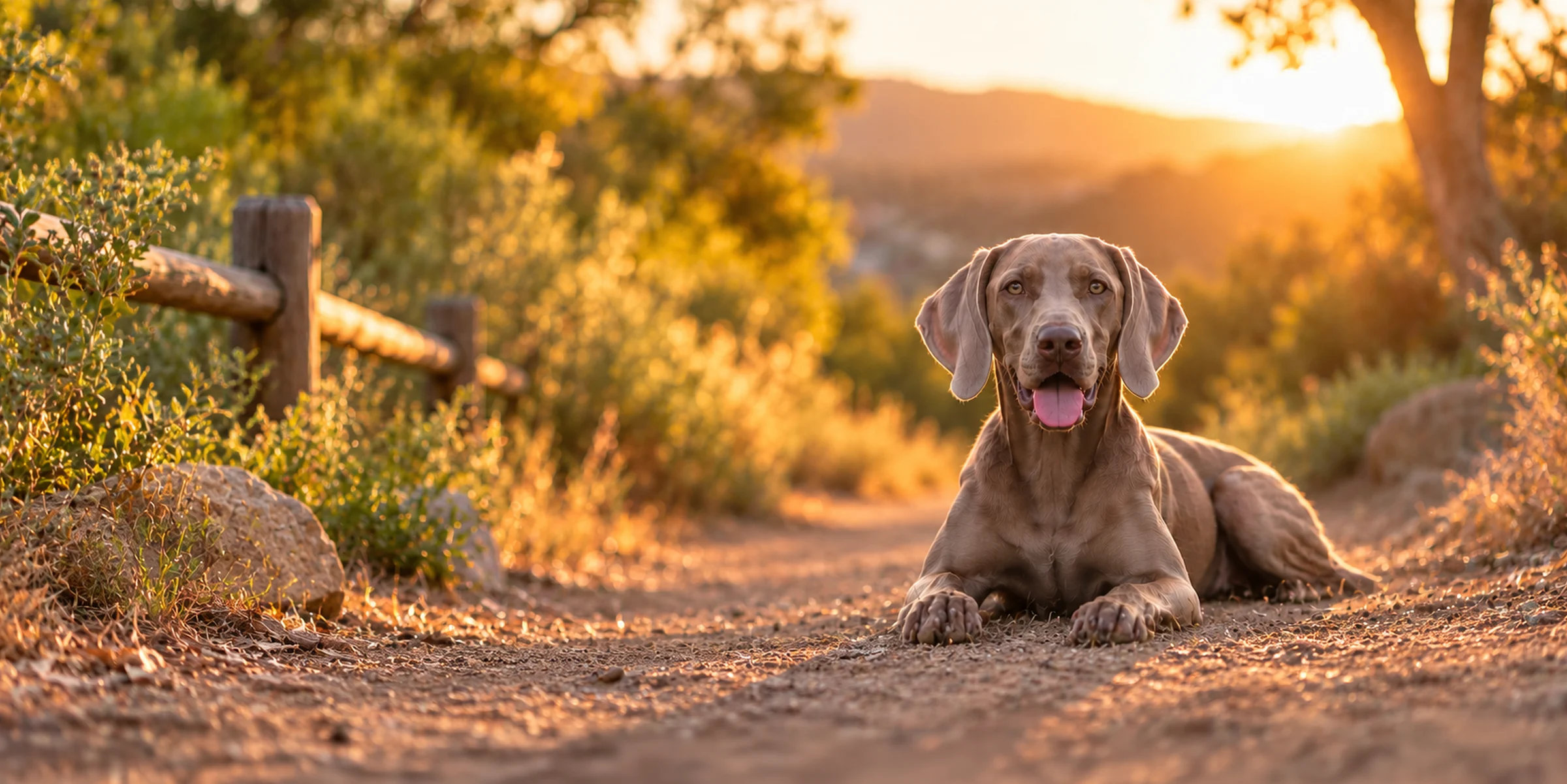 A gray Weimaraner lying on a sandy trail beside a wooden fence at sunset