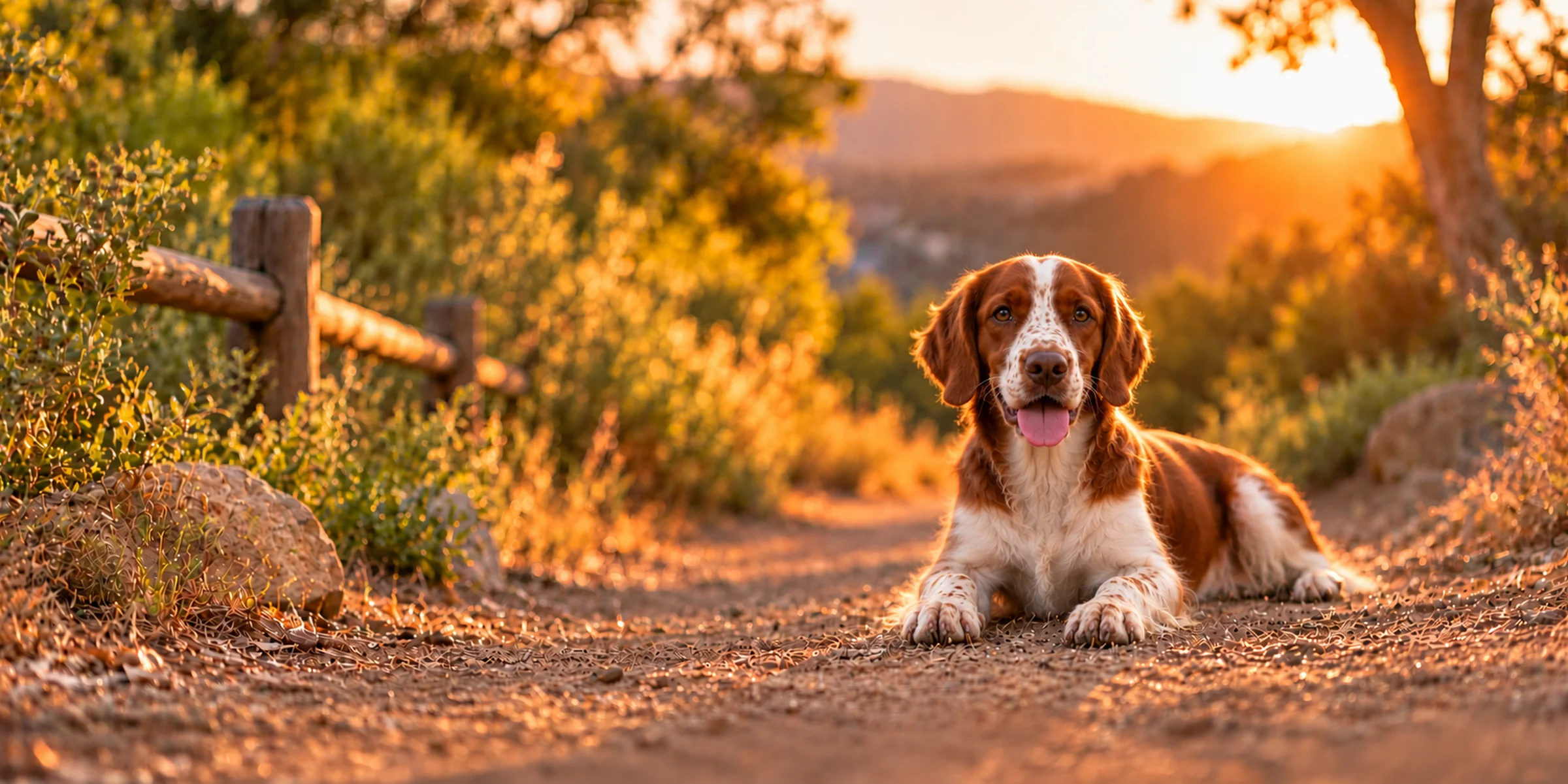 A red and white Welsh Springer Spaniel lying on a sandy trail beside a wooden fence at sunset