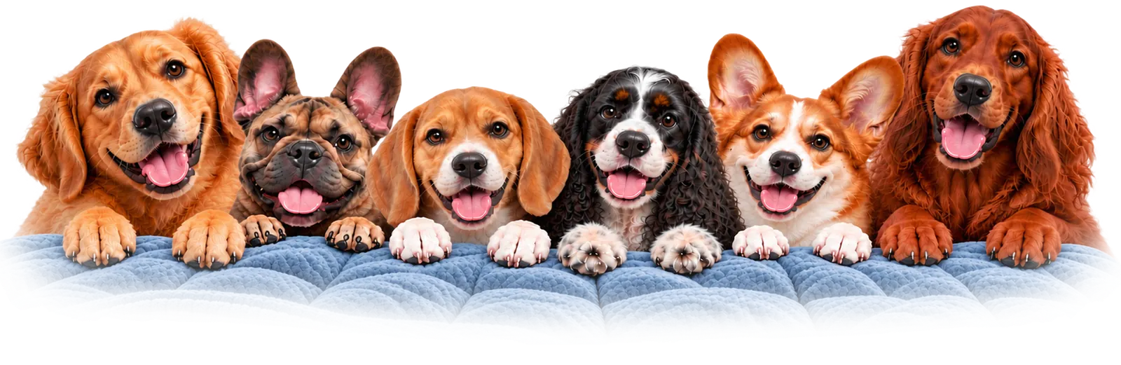 Six smiling dogs - a Golden Retriever, a French Bulldog, a Beagle, a curly-coated tricolor spaniel, a Corgi and an Irish Setter - resting their paws on a blue quilted bed
