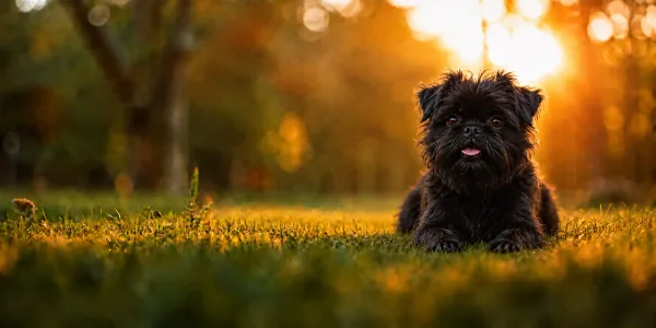 A black Affenpinscher sitting in long park grass, backlit by a low sun through the trees