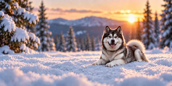 An Alaskan Malamute lying in deep snow among frosted evergreens at sunset