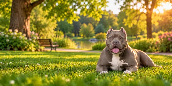 A lilac American Bully lying on a park lawn beside a pond and a wooden bench