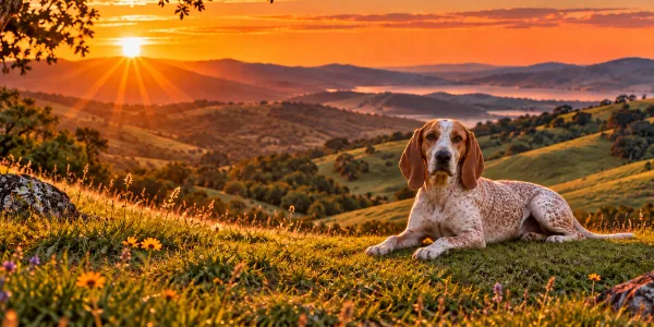 A redtick American English Coonhound lying on a grassy ridge above rolling hills at sunrise
