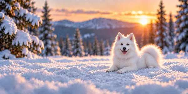 A white American Eskimo Dog lying in snow among frosted evergreens at sunset