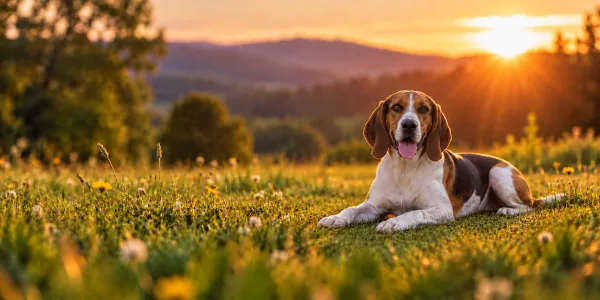 A tricolor American Foxhound lying in a meadow with wooded hills behind at sunset