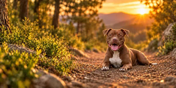 A red and white American Pit Bull Terrier lying on a gravel trail above a wooded valley at sunset