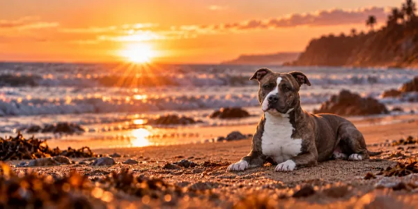 A brindle and white American Staffordshire Terrier lying on a beach at sunset