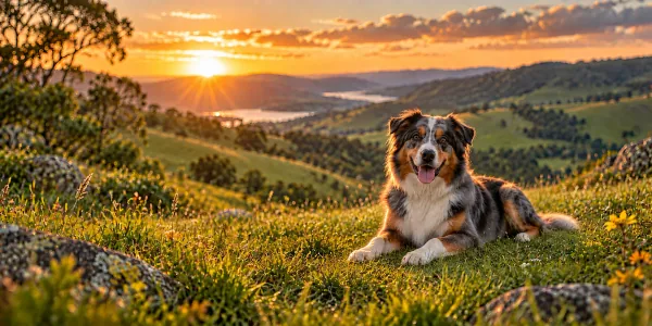A blue merle Australian Shepherd lying on a green hillside above rolling pasture at sunset