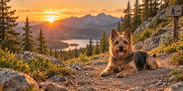 A sandy Australian Terrier lying on a rocky mountain trail at sunset