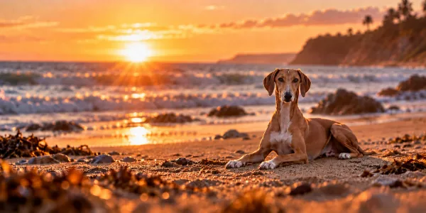 A fawn Azawakh lying on a beach at sunset