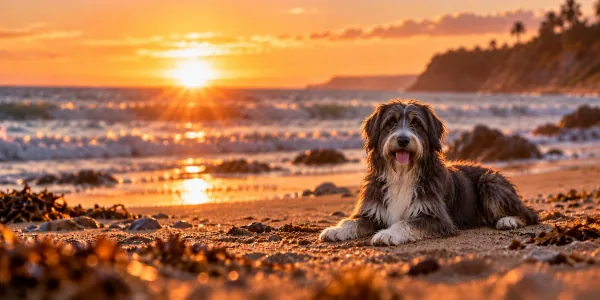 A brindle and white Barbado da Terceira with a shaggy coat lying on a beach at sunset