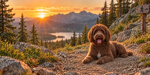 A brown Barbet with a dense curly coat lying on a mountain trail above a lake at sunset