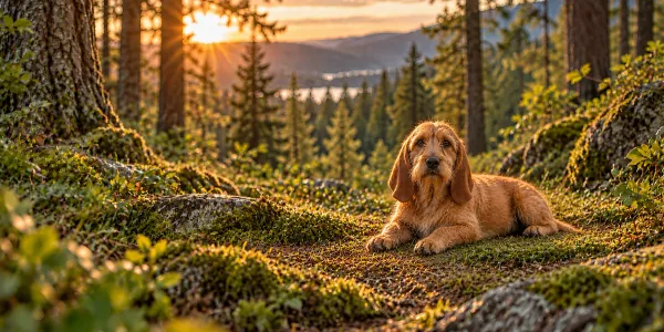 A fawn Basset Fauve de Bretagne with a rough wiry coat lying on forest moss at sunset