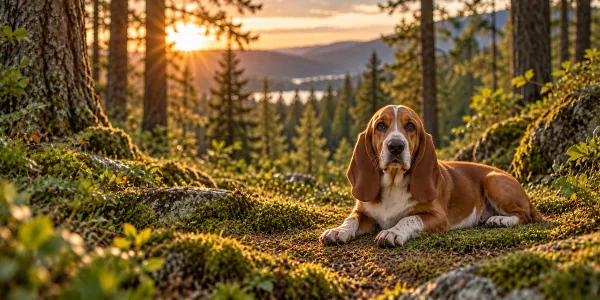 A tricolor Basset Hound with long drop ears lying on forest moss at sunset