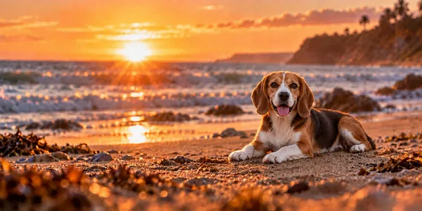 A tricolor Beagle lying on a beach at sunset