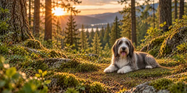 A gray and white Bearded Collie lying on forest moss at sunset