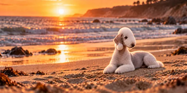 A pale Bedlington Terrier with a lamb-like coat lying on a beach at sunset
