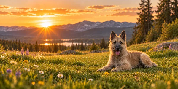 A rough-coated fawn Belgian Laekenois lying in a wildflower meadow above a lake at sunset