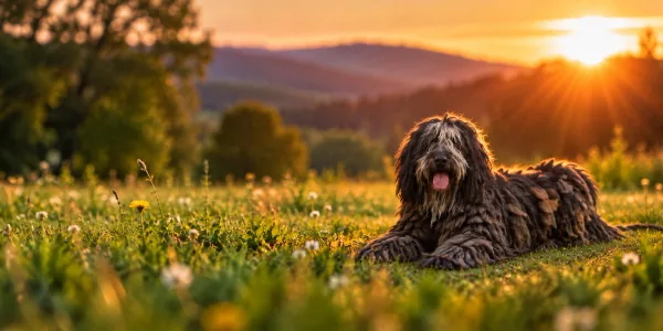 A Bergamasco Sheepdog with a matted corded coat lying in a meadow at sunset