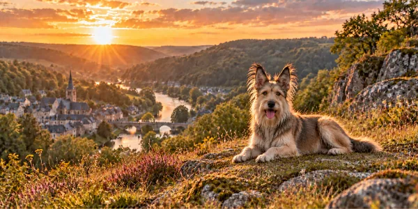 A fawn Berger Picard with erect tufted ears and a rough coat lying on a hillside above a river town at sunset