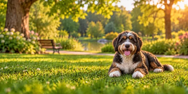 A tricolor Bernedoodle with a wavy coat lying on a park lawn beside a pond at sunset