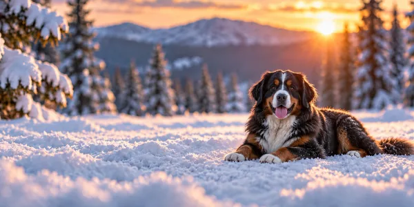 A tricolor Bernese Mountain Dog lying in snow among frosted evergreens at sunset