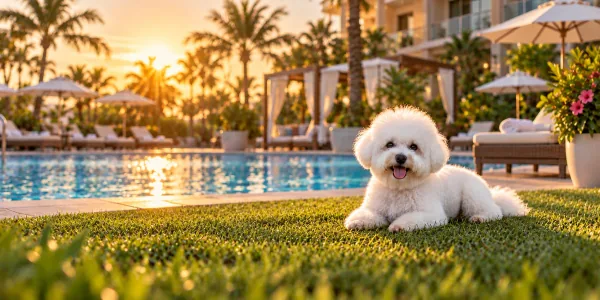 A white Bichon Frise lying on a lawn beside a resort pool at sunset