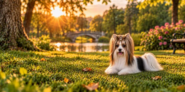 A black, white and tan Biewer Terrier with a long silky coat lying on a park lawn beside a stone bridge