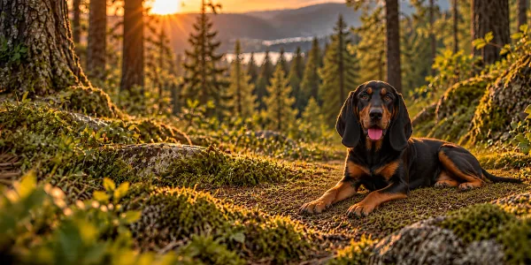 A black and tan Black and Tan Coonhound lying on forest moss at sunset