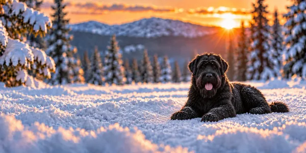 A black Black Russian Terrier lying in snow among frosted evergreens at sunset