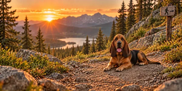 A liver and tan Bloodhound with heavy wrinkles lying on a mountain trail above a lake at sunset