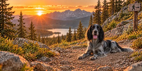 A blue roan Blue Picardy Spaniel lying on a mountain trail above a lake at sunset
