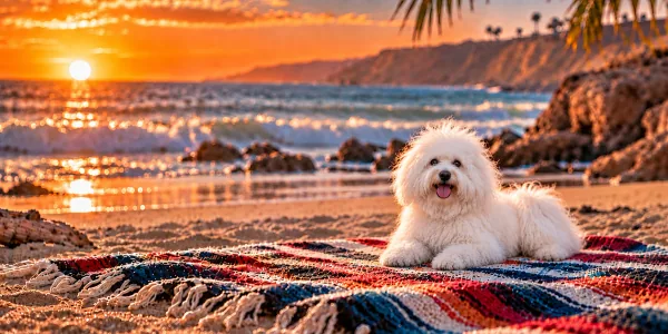 A white Bolognese lying on a striped blanket on a beach at sunset